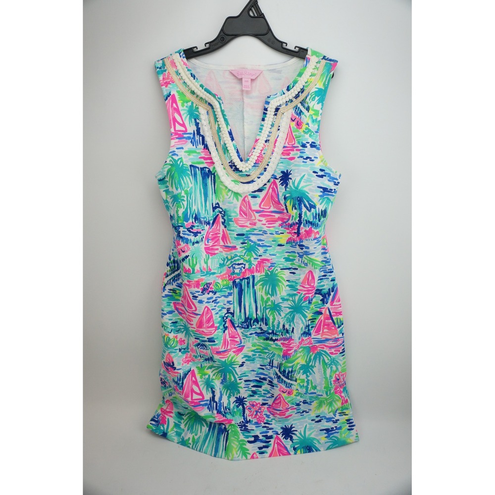 Lilly Pulitzer Harper Dress XXS Multicolor Sailboat Tropical Pom Pom Trim EUC